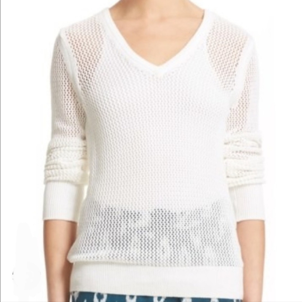 EQUIPMENT Cecile V-Neck Open Knit Sweater In Ivory Size MED